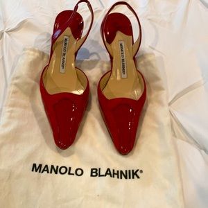Monologue Blahnik, red sling back shoes, size 5.